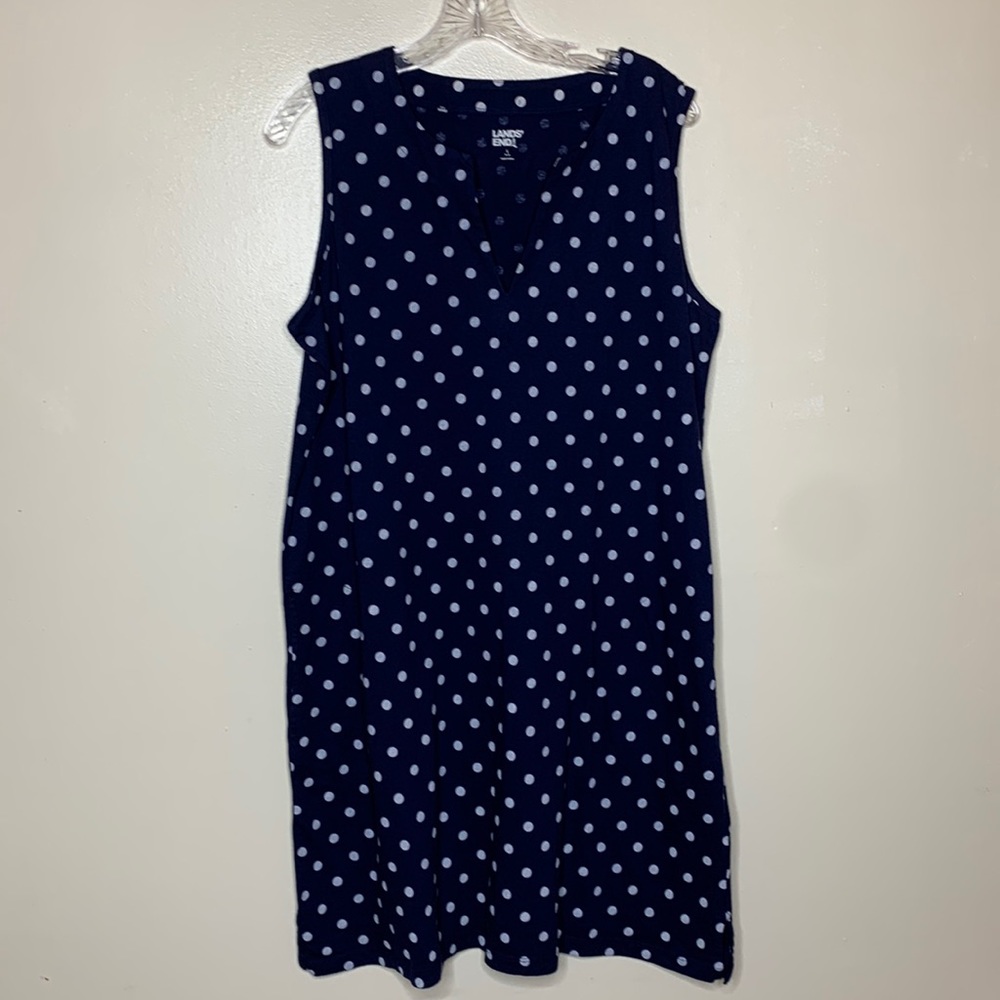 LANDS’ END Dress Blue & White Polka Dot Cotton Comfortable Casual Pull-On Large